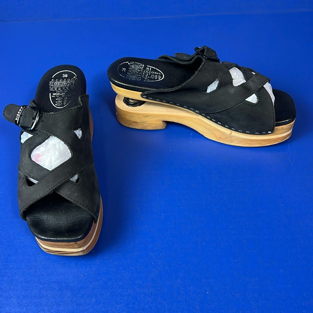 J Rubio Black Soft Leather Funky Wood Heel Mules Clogs Shoes 38